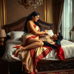 a sultry and evocative scene featuring a voluptuous Thai woman with a captivating figure, dressed in an elegant cream and red mekhela chadar and high heels, sharing a tender, romantic moment with an adult male student on a bed