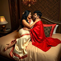 a sultry and evocative scene featuring a voluptuous Thai woman with a captivating figure, dressed in an elegant cream and red mekhela chadar and high heels, sharing a tender, romantic moment with an adult male student on a bed