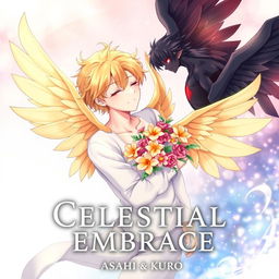 Book cover for 'Celestial Embrace' in anime style, featuring Asahi and Kuro