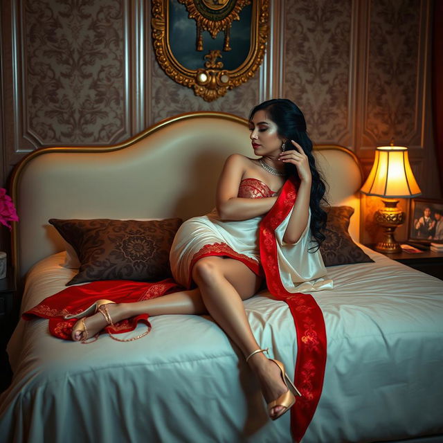 a sultry and evocative scene featuring a voluptuous Thai woman with a captivating figure, dressed in an elegant cream and red mekhela chadar and high heels, sharing a tender, romantic moment with an adult male student on a bed