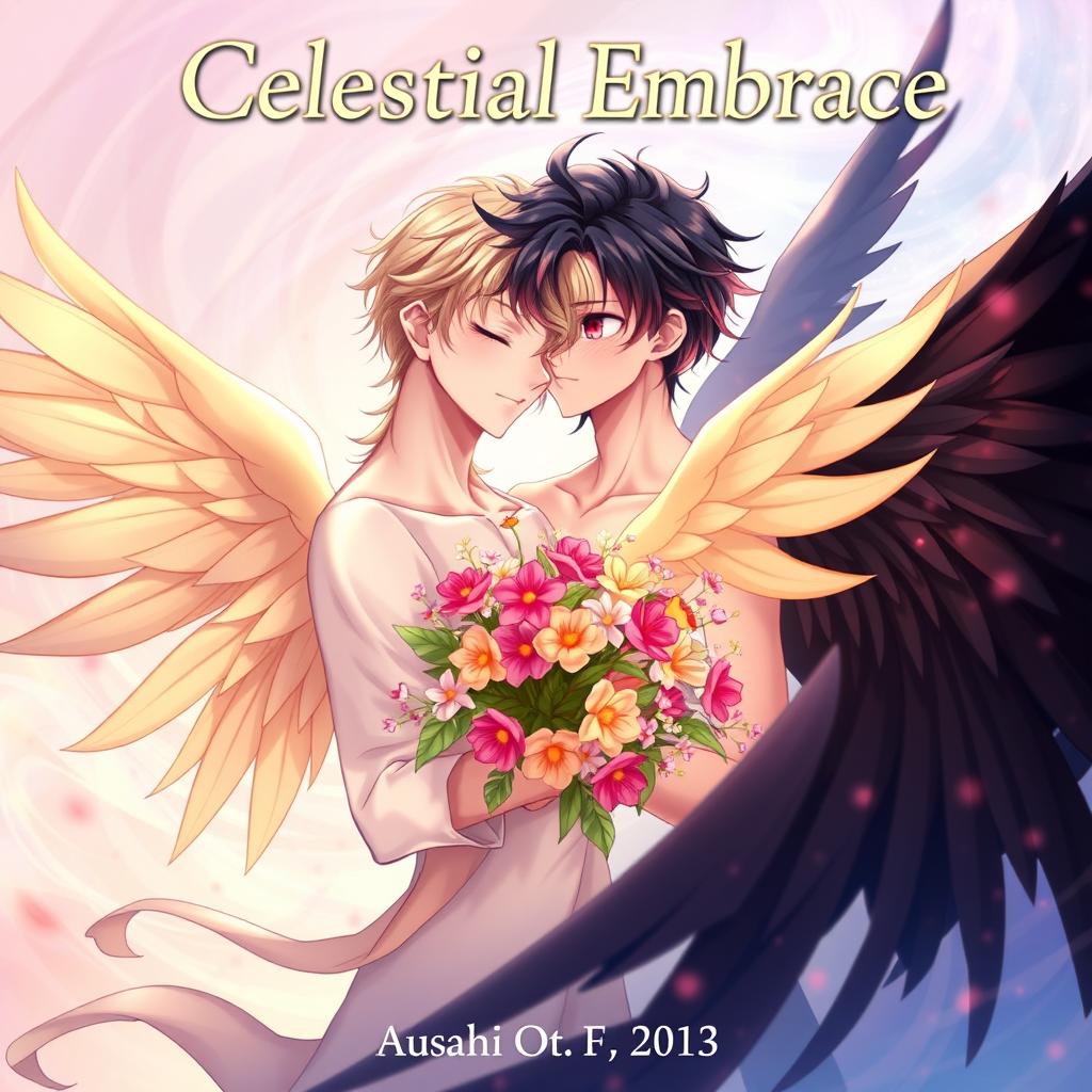 Book cover for 'Celestial Embrace' in anime style, featuring Asahi and Kuro