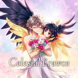 Book cover for 'Celestial Embrace' in anime style, featuring Asahi and Kuro