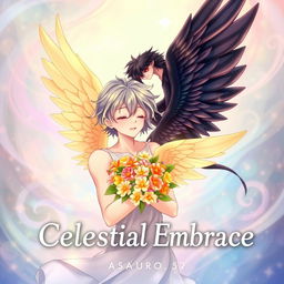 Book cover for 'Celestial Embrace' in anime style, featuring Asahi and Kuro