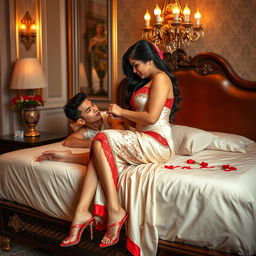 a seductive and romantic tableau featuring a voluptuous and alluring Thai woman, elegantly dressed in a cream and red mekhela chadar with high heels