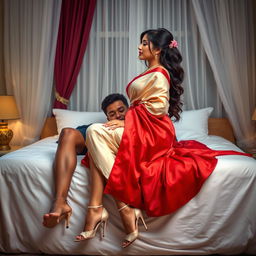 an enticing tableau featuring a voluptuous Thai woman with a captivating figure, elegantly clad in a cream and red mekhela chadar and high heels, engaging in a romantic and intimate moment with an adult male student on a bed