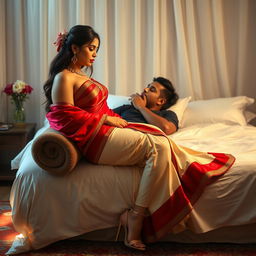 an enticing tableau featuring a voluptuous Thai woman with a captivating figure, elegantly clad in a cream and red mekhela chadar and high heels, engaging in a romantic and intimate moment with an adult male student on a bed