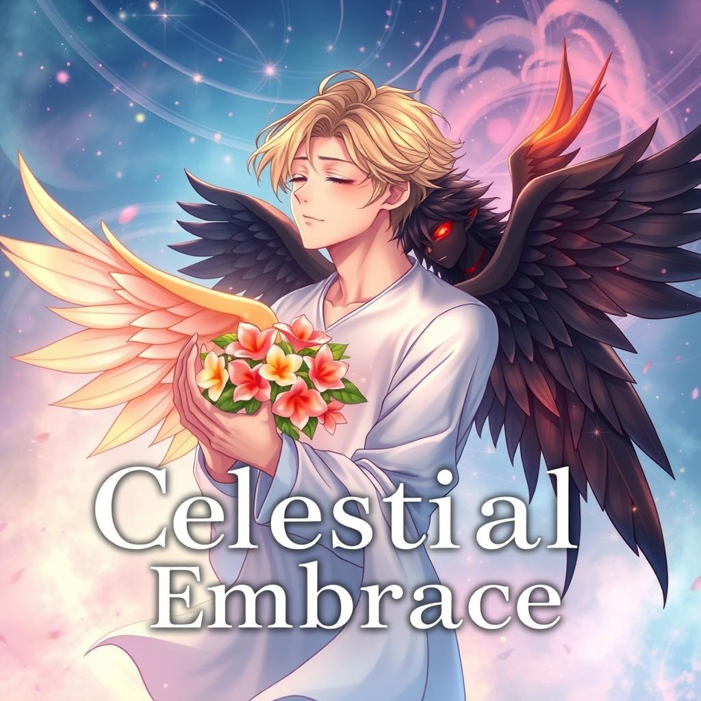 Book cover for 'Celestial Embrace' in anime style with a soft and slightly realistic touch