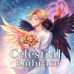 Book cover for 'Celestial Embrace' in anime style with a soft and slightly realistic touch