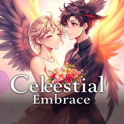 Book cover for 'Celestial Embrace' in anime style with a soft and slightly realistic touch