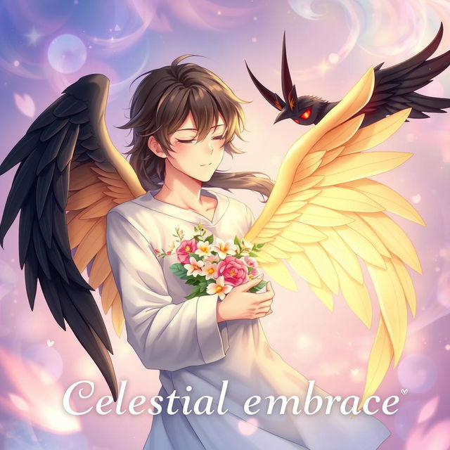 Book cover for 'Celestial Embrace' in anime style with a soft and slightly realistic touch