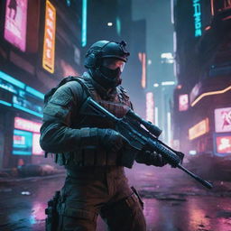 Intense first person shooter video game scene with a soldier holding a high-tech rifle, against a futuristic dystopian background filled with neon lights and damaged buildings.