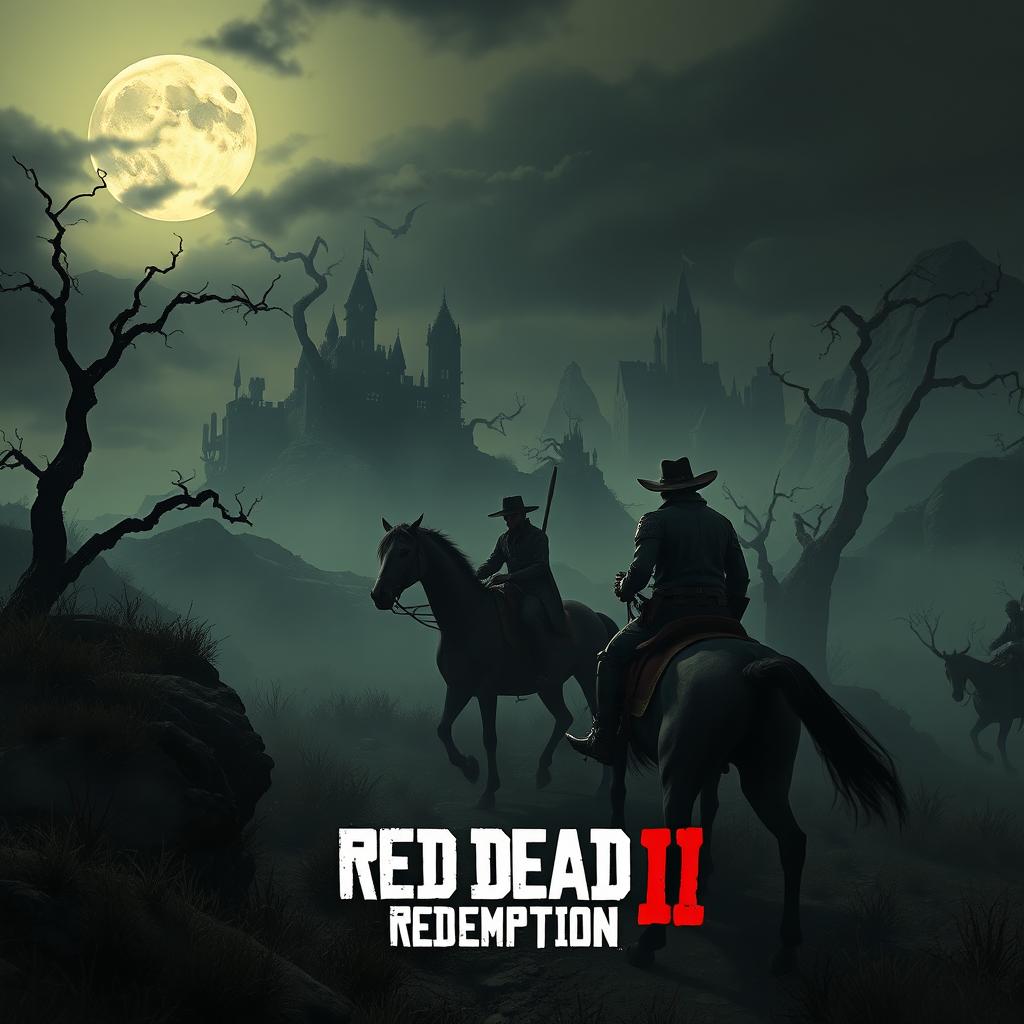 A dark fantasy rendition of the Red Dead Redemption 2 landscape