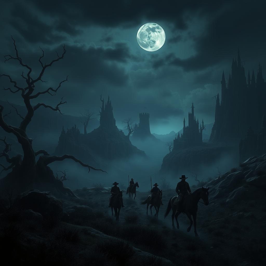 A dark fantasy rendition of the Red Dead Redemption 2 landscape