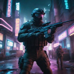 Intense first person shooter video game scene with a soldier holding a high-tech rifle, against a futuristic dystopian background filled with neon lights and damaged buildings.