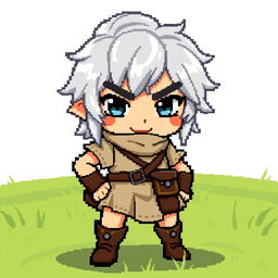 A pixel art sprite of a silver-haired hero wearing villager clothing