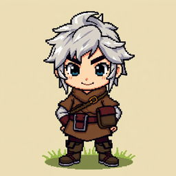 A pixel art sprite of a silver-haired hero wearing villager clothing