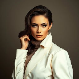 A stylish and well-composed artistic portrait of a confident and elegant woman, with a focus on the beauty of her clothing and fashion