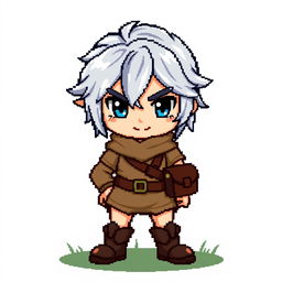 A pixel art sprite of a silver-haired hero wearing villager clothing