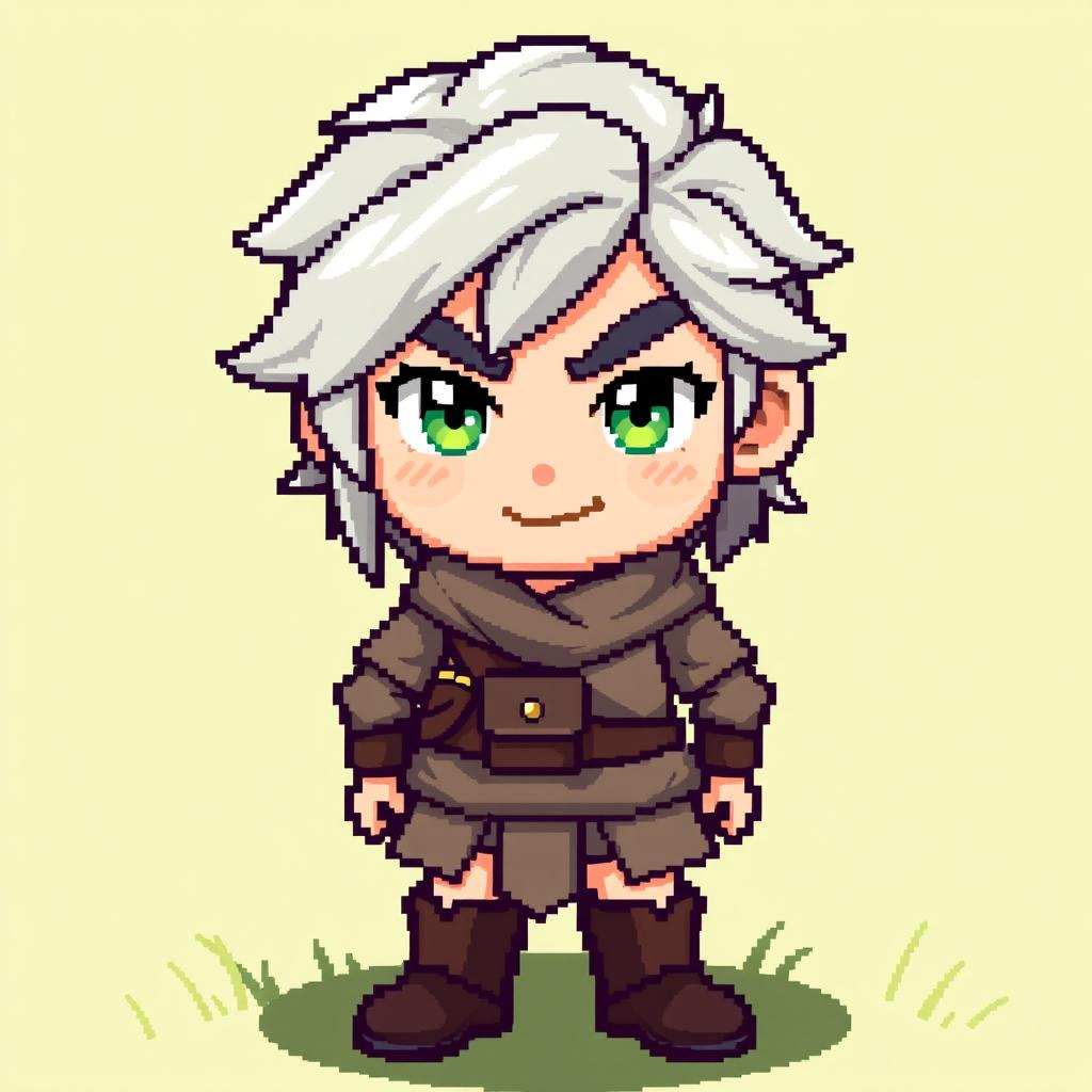 A pixel art sprite of a silver-haired hero wearing villager clothing