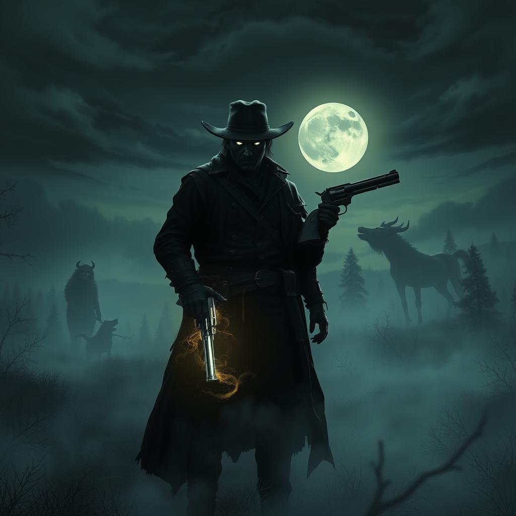 A dark fantasy scene inspired by Red Dead Redemption 2, featuring a shadowy cowboy with glowing eyes standing in a foggy, eerie forest