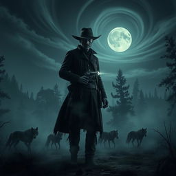 A dark fantasy scene inspired by Red Dead Redemption 2, featuring a shadowy cowboy with glowing eyes standing in a foggy, eerie forest