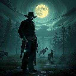 A dark fantasy scene inspired by Red Dead Redemption 2, featuring a shadowy cowboy with glowing eyes standing in a foggy, eerie forest