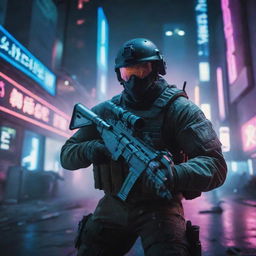 Intense first person shooter video game scene with a soldier holding a high-tech rifle, against a futuristic dystopian background filled with neon lights and damaged buildings.