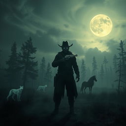 A dark fantasy scene inspired by Red Dead Redemption 2, featuring a shadowy cowboy with glowing eyes standing in a foggy, eerie forest