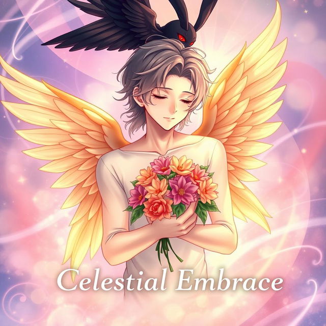 Book cover for 'Celestial Embrace' in anime style with a soft and slightly realistic touch