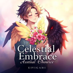 Book cover for 'Celestial Embrace' in anime style with a soft and slightly realistic touch