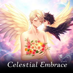 Book cover for 'Celestial Embrace' in anime style with a soft and slightly realistic touch