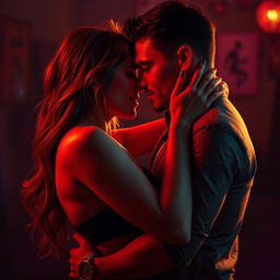 A dramatic and vivid artistic depiction of intimacy between a couple, capturing the passionate essence of their connection