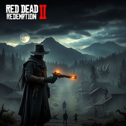 A dark, moody landscape inspired by the wild west of Red Dead Redemption 2, infused with elements of dark fantasy