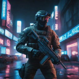 Intense first person shooter video game scene with a soldier holding a high-tech rifle, against a futuristic dystopian background filled with neon lights and damaged buildings.