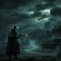 A dark, moody landscape inspired by the wild west of Red Dead Redemption 2, infused with elements of dark fantasy