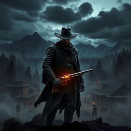 A dark, moody landscape inspired by the wild west of Red Dead Redemption 2, infused with elements of dark fantasy