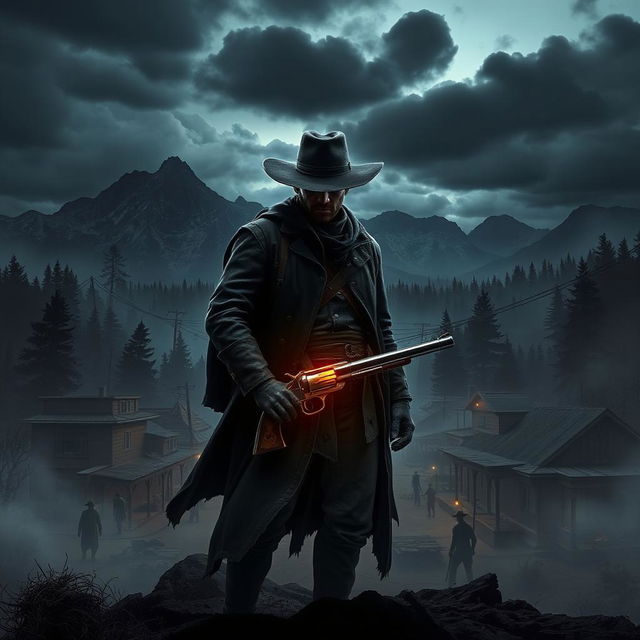 A dark, moody landscape inspired by the wild west of Red Dead Redemption 2, infused with elements of dark fantasy