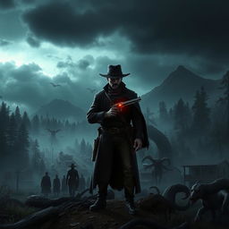 A dark, moody landscape inspired by the wild west of Red Dead Redemption 2, infused with elements of dark fantasy