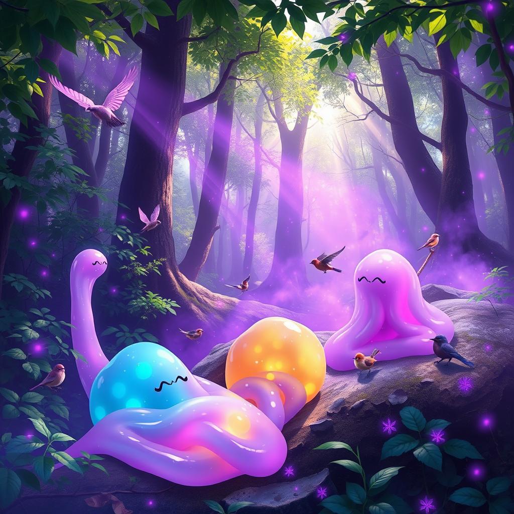 A magical forest scene featuring vibrant slimes and playful little birds, all immersed in a mystical purple aura