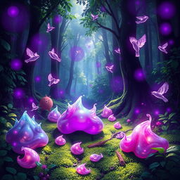 A magical forest scene featuring vibrant slimes and playful little birds, all immersed in a mystical purple aura