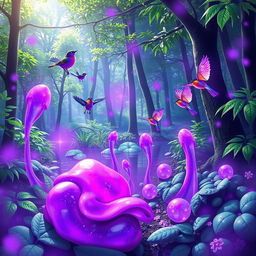 A magical forest scene featuring vibrant slimes and playful little birds, all immersed in a mystical purple aura