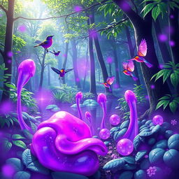 A magical forest scene featuring vibrant slimes and playful little birds, all immersed in a mystical purple aura