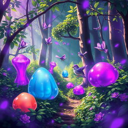 A magical forest scene featuring vibrant slimes and playful little birds, all immersed in a mystical purple aura