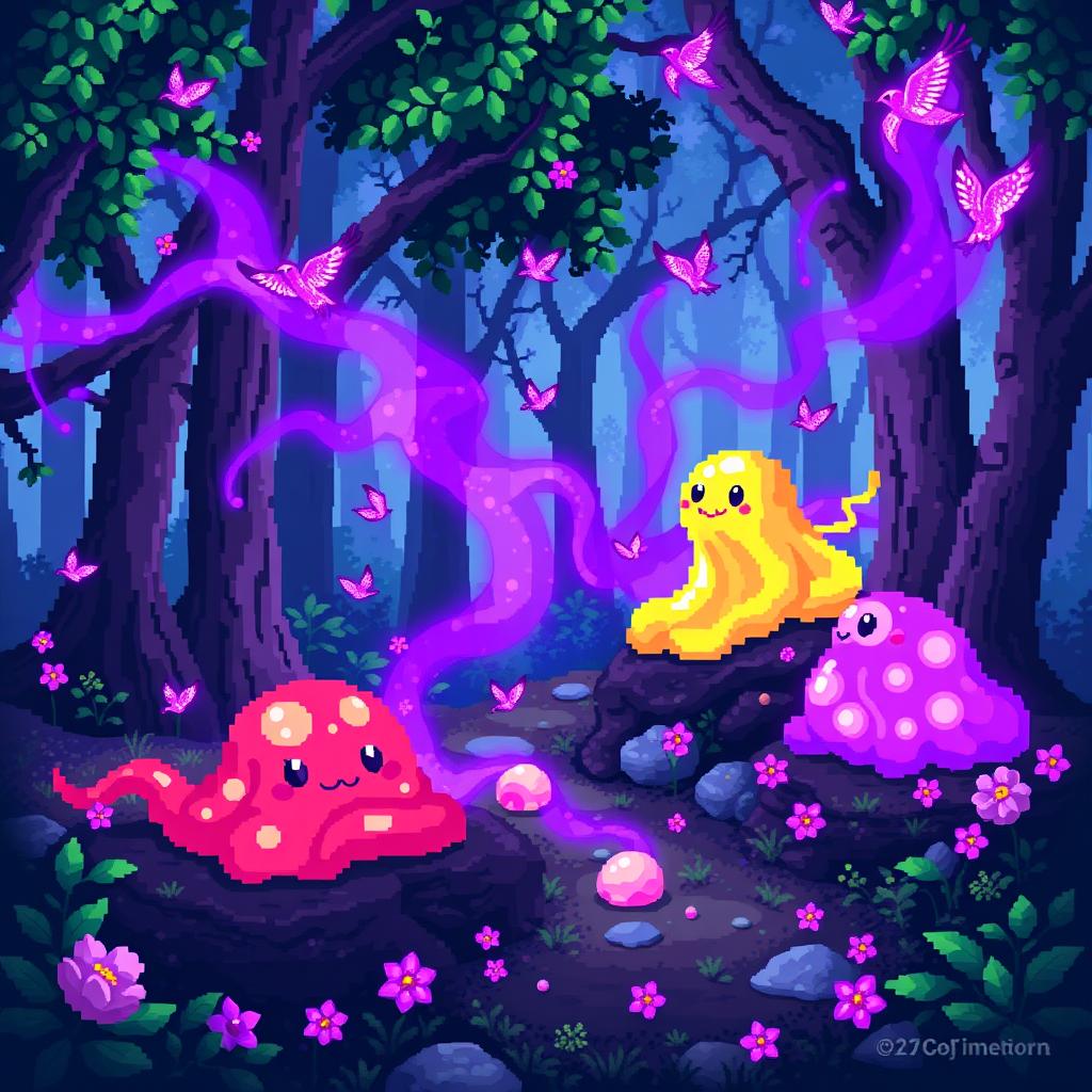 Pixel art depicting a magical forest scene with colorful slimes and small birds, surrounded by a mystical purple aura