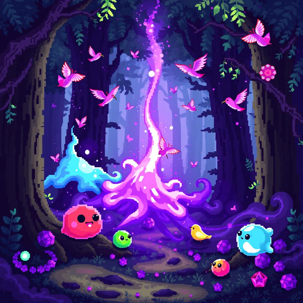 Pixel art depicting a magical forest scene with colorful slimes and small birds, surrounded by a mystical purple aura