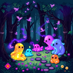 Pixel art depicting a magical forest scene with colorful slimes and small birds, surrounded by a mystical purple aura