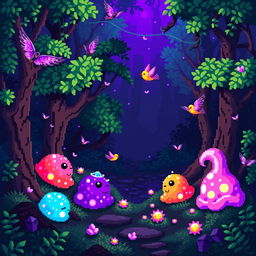 Pixel art depicting a magical forest scene with colorful slimes and small birds, surrounded by a mystical purple aura