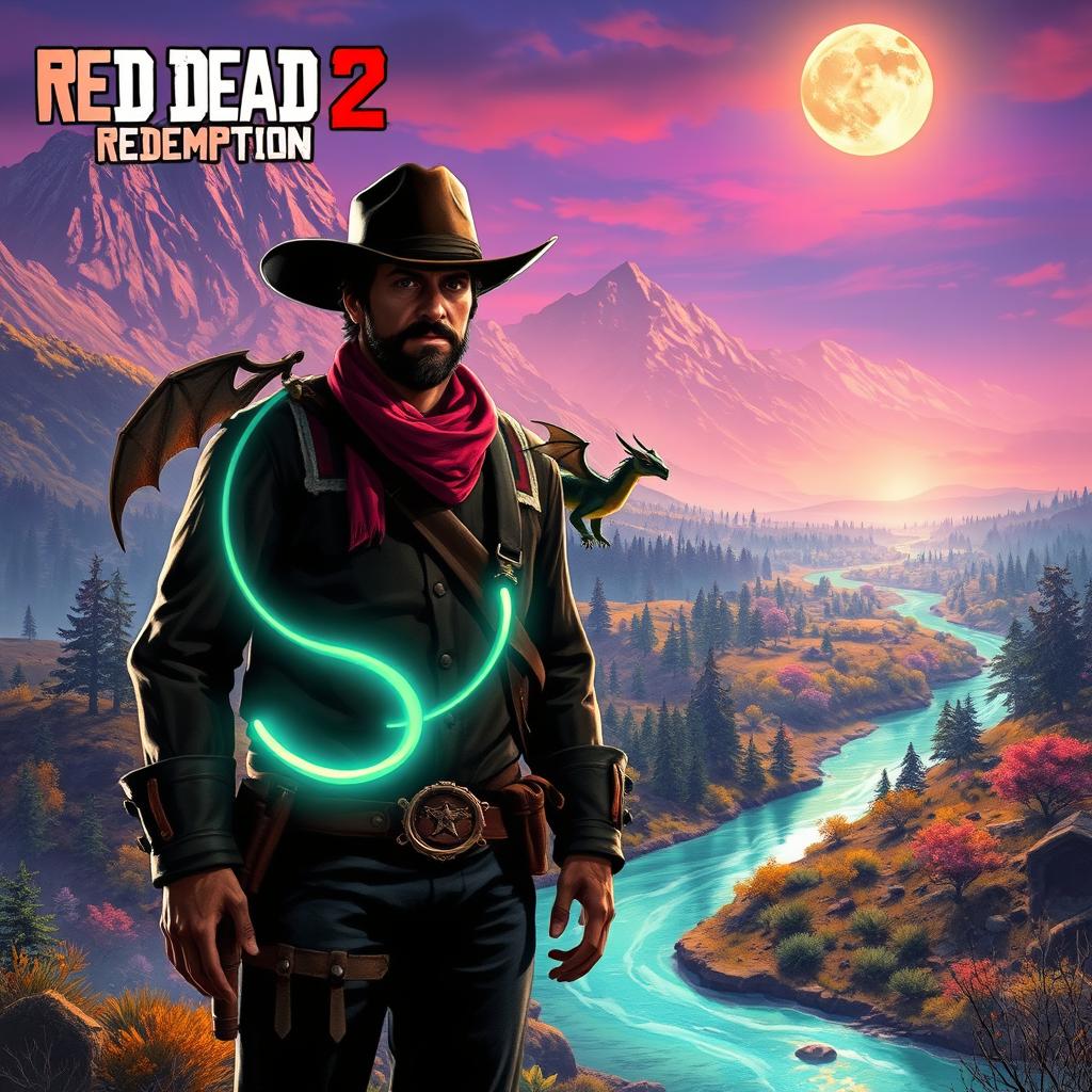 A fantasy reimagining of a Red Dead Redemption 2 setting, featuring a vibrant landscape with towering, mystical mountains in the background, lush enchanted forests, and a winding crystal-clear river illuminated by moonlight