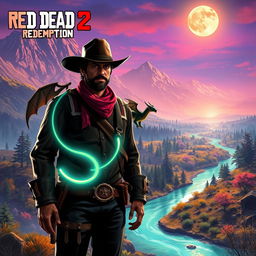 A fantasy reimagining of a Red Dead Redemption 2 setting, featuring a vibrant landscape with towering, mystical mountains in the background, lush enchanted forests, and a winding crystal-clear river illuminated by moonlight