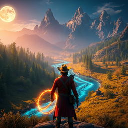 A fantasy reimagining of a Red Dead Redemption 2 setting, featuring a vibrant landscape with towering, mystical mountains in the background, lush enchanted forests, and a winding crystal-clear river illuminated by moonlight